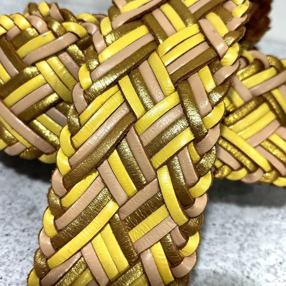 Linea Pella Multistrand braided leather belt wide beige nude yellow gold size L